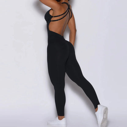 Peachy Scrunch Bum V-Back Jumpsuit - Bombshell Backless Gym Bodysuit