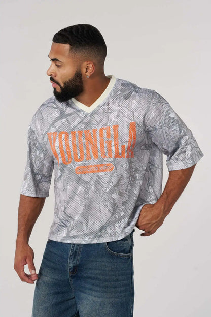 YOUNG Varsity Football LA Cropped Jersey | Men's Mesh Gym Shirt | V-Neck Vintage